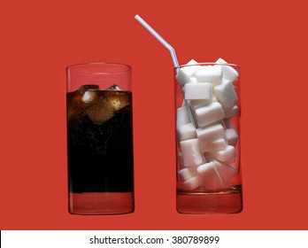 Two Glasses One With Cola Refreshing Drink Another Full Of Sugar Cubes And Straw Representing The Big Amount Of Calories Content In The Soda In Unhealthy Nutrition Concept Isolated On Red Background