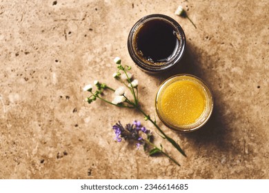 Two glasses of organic natural honey. Multifloral and buckwheat honey. Healthy food ingredients. Copy space - Powered by Shutterstock