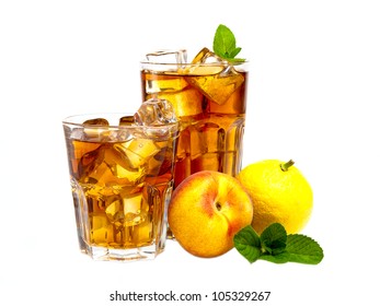 Two glasses of refreshing peach, lemon and mint ice tea