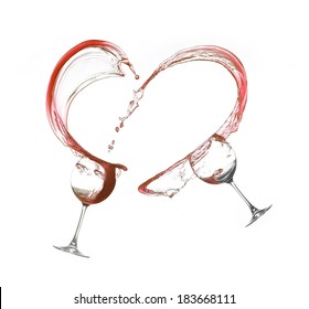 two glasses and splash in red wine like heart