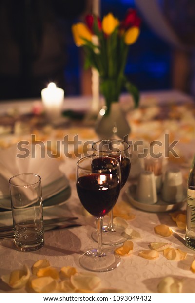 Two Glasses Wine On Table Set Stock Photo (Edit Now) 1093049432