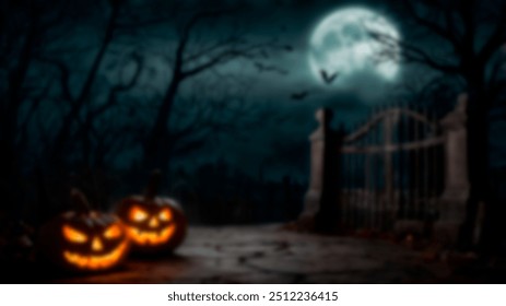 Two glowing jack-o'-lanterns in a dark, foggy graveyard setting with a full moon and bats flying, creating a spooky Halloween atmosphere - Powered by Shutterstock