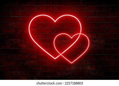 Two glowing neon hearts against a dark brick wall. Neon sign. Heart. Love - Powered by Shutterstock