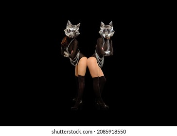 Two Go-go Variety Show Dancers In Wolf Masks On Black