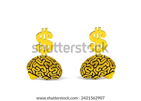 Two gold plated human brains adorned with large golden dollar signs isolated on white background. Creative wisdom value related concept.