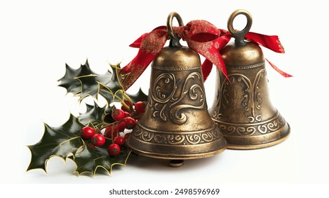 Two golden bells with red ribbons hanging from them. The bells are surrounded by red berries and leaves. Concept of festivity and joy, as the bells are often associated with Christmas celebrations - Powered by Shutterstock