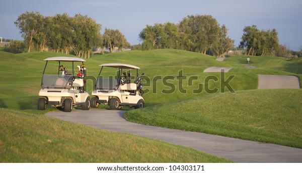 Two golf carts stand on the course path beside the\
ninth hole
