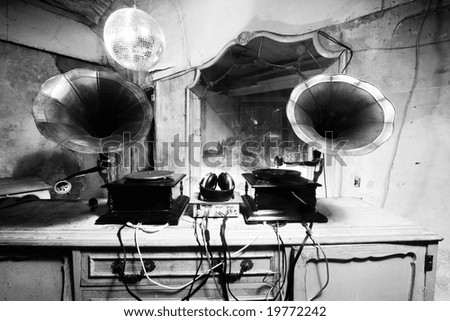 two gramophones in a old room