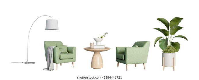 Two green armchairs and plant on white background