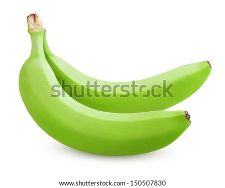 Two green bananas isolated on white background with clipping path