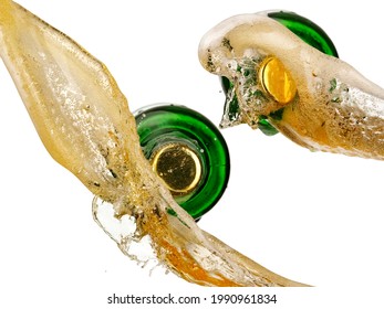 Two Green Beer Bottles Splash, Top View