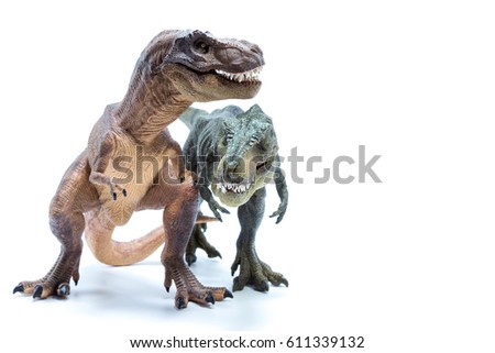 Two Green and Brown Dinosaur Tyrannosaurus side by side fighting - white background