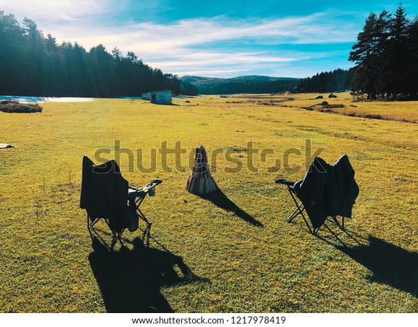 Two Green Chairs Around Fire Pit Stock Photo Edit Now 1217978419