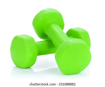 Two Green Dumbells. Isolated On White Background