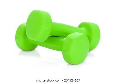 Two Green Dumbells. Isolated On White Background