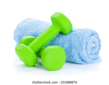 Two Green Dumbells And Towel. Isolated On White Background