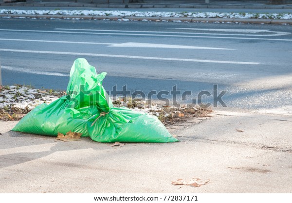 Two green garbage plastic bags\
full of industrial salt prepared for cleaners to put on the street\
when snow cover the road, traffic and pedestrians safety\
concept