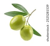 Two green olives with leaves isolated on white background. Clipping path.