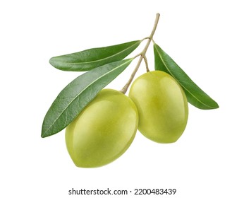 Two green olives with leaves isolated on white background. Clipping path. - Shutterstock ID 2200483439