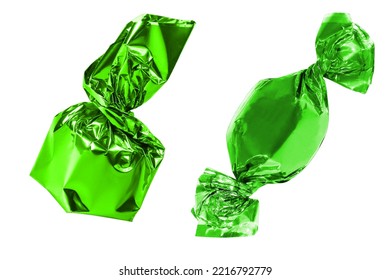 Two Green Wrapped Candy Isolated On A White Background