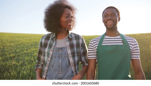 Two Greenhouse Diverse Workers Walking Through The Field And Chatting With Pleasure About Something. Collaboration And Industrial Agriculture Concept 