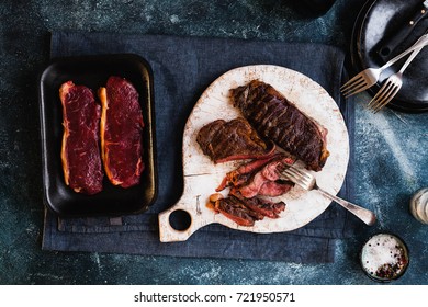 Two Grill Hot Beef Steak And Two Raw Beef Steak Top Sirloin Steak Grill Food Concept 