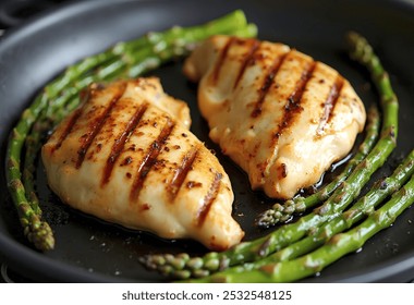 Two grilled chicken breasts on a grill pan, with asparagus spears in the background