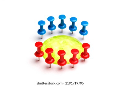 Two Groups. Discussion. Hearing. Proceeding. Symbol For A Virtual Green Table Meeting. Set Of Real Pins With Different Colors On White Background With Shadows And A Green Circle.