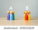 Two groups of people A and B. Social experiments. Control group. Surveys and statistics collection. Division into two types. Study of society and social technologies.