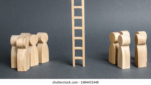 Two Groups Of People Are Separated By A Career Ladder. Promotion And Career Advancement. Transition To A Whole New Level. Professional Growth. Self-development, Leadership Skills, Social Elevator.