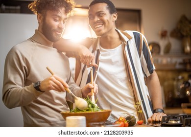 Two Guys Of Different Ethnicity Having Fun While Making Salad Together On Kitchen. Concept Of Gay Couples And Everyday Life At Home . Caucasian And Hispanic Man Cooking Healthy Food