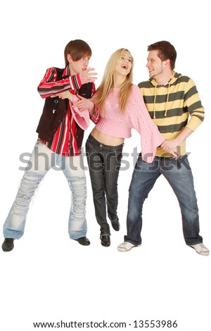 Two Guys Try To Share One Girl Isolated On White Two Guys Try To Share One Girl Isolated On White