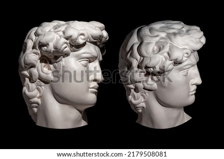 Two gypsum copy of head statue David for artists on a dark background. Replica of face famous antique sculpture youth of David by Michelangelo. Template design for art, dj, fashion, poster. Profile.