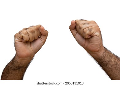 two hairy hands and arms with closed hand pointing up isolated on white