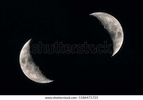 Two half Moons close up concept. Black deep\
cosmos space background. Copy\
space