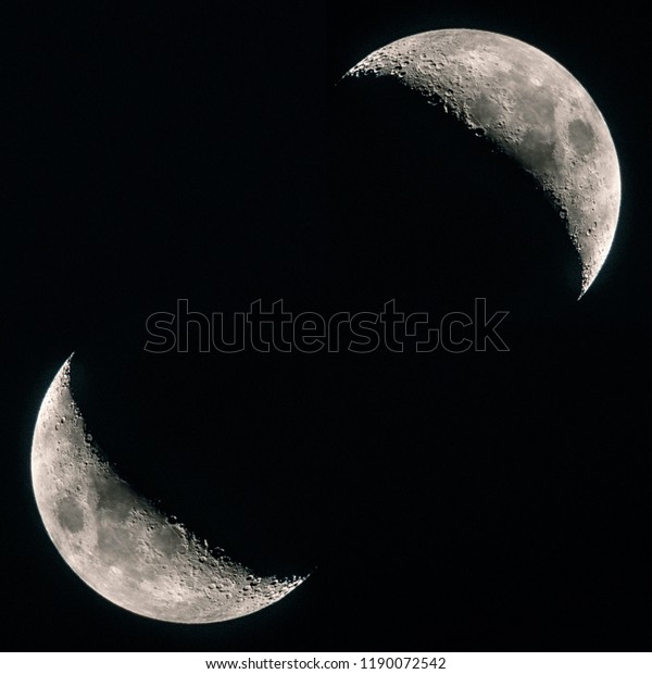 Two half Moons close up concept. Black deep\
cosmos space background. Copy\
space