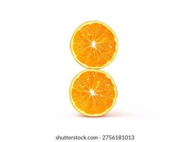 Two halved oranges are placed on a white background.
