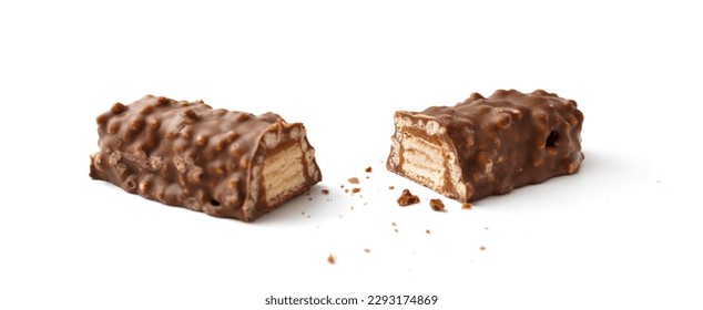 Two halves of a chocolate bar stuffed with crispy wafers and caramel isolated on a white background. Sliced crunchy chocolate sweet bar.