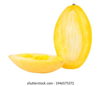 Two Halves Of Cutted Ripe Mango Isolated On White Background