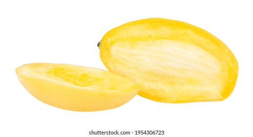 Two Halves Of Cutted Ripe Mango Isolated On White Background