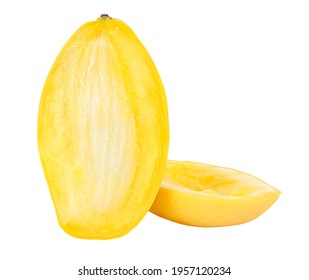 Two Halves Of Cutted Ripe Mango Isolated On White Background