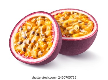 Two halves of fresh passion fruit isolated on white background - Powered by Shutterstock