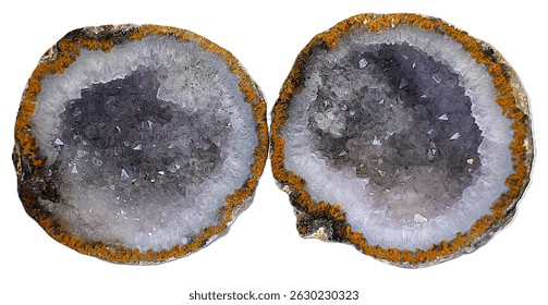 Two halves of a geode containing light purple amethyst crystals