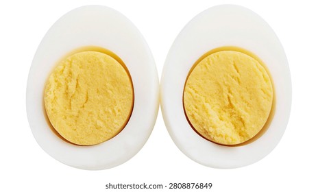 Two halves of a hard boiled egg with yellow yolk and white albumen
