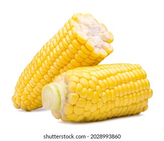 Two halves of ripe sweet corn isolated on white background. Fresh vegetable ingredients.