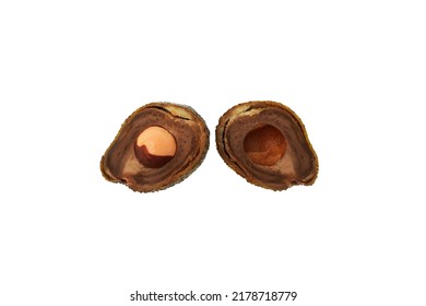 Two Halves Of Rotten Spoiled Avocado, Similar To Brown Eyes Of Abstract Monster. White Background. Design Element. Concept - Improper Food Storage. Reduction Of Organic Waste.