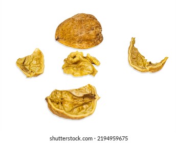 Two Halves Of A Split Walnut Isolated On A White Background. Juglans Regia. Walnut Shell. Healthy Food. Iodine In Nuts. Nut Core. Vegetarian Food. Culinary Ingredient. White Background.