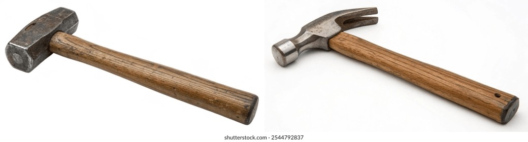 Two hammers are shown side by side. One is wooden and the other is metal. The wooden hammer is more traditional and the metal hammer is more modern