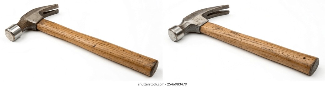 Two hammers are shown side by side. One is a claw hammer and the other is a ball peen hammer