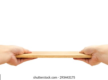 Two Hand Holding Food Plate Made From Wood Isolated On White Background, Template Mock Up For Adding Your Product And Leave Space For Adding Content , Clipping Path On Object.